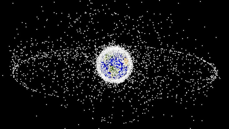 A diagram of space junk in orbit around Earth. Note the difference between objects in Low Earth Orbit (nearest to Earth) and those in Geosynchronous orbit (the outer ring). Objects are not to scale.